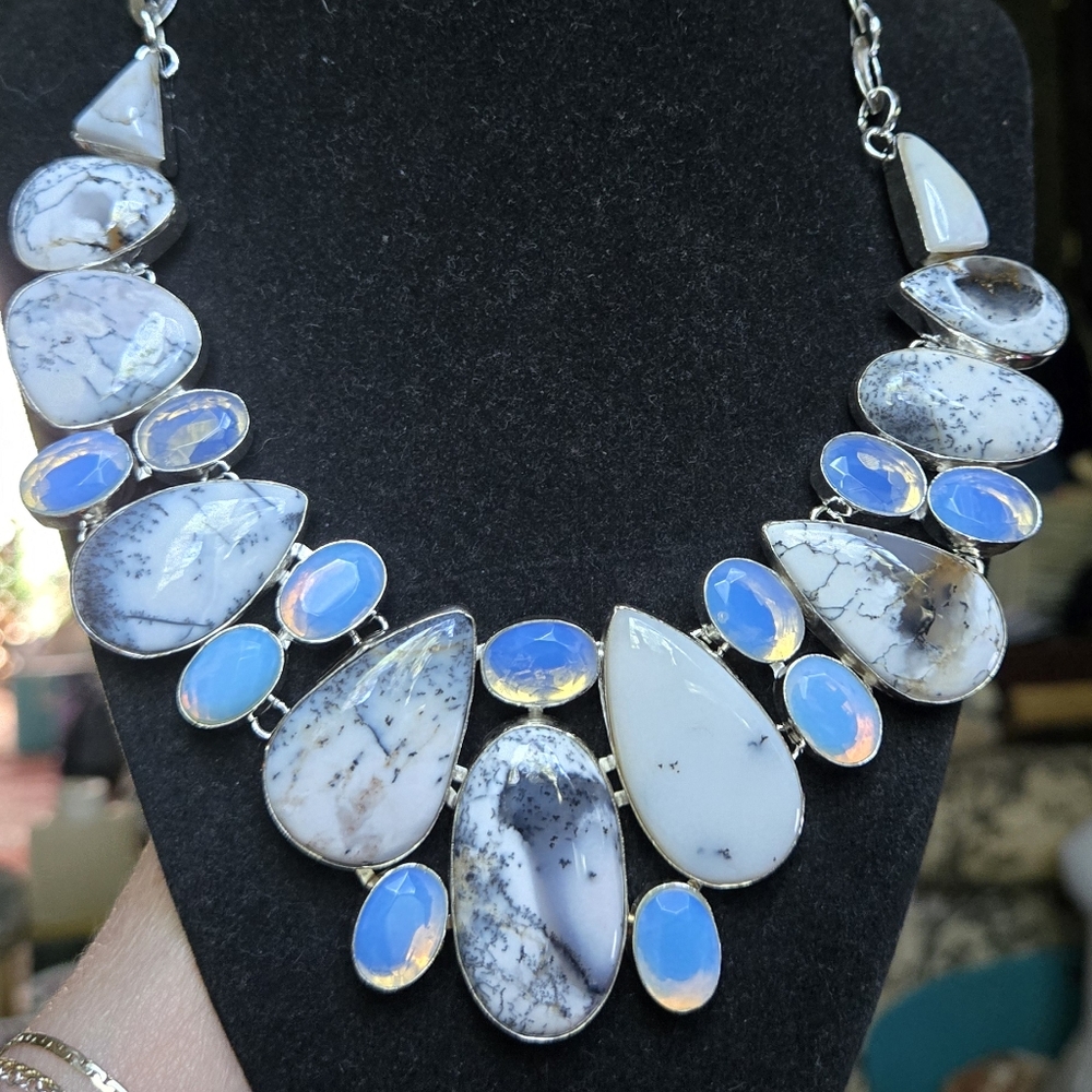 HOST PICK! 🎉🎊Dendritic Opal Opalite & Agate Sterling Necklace Sz22" Adjustable - Picture 5 of 13